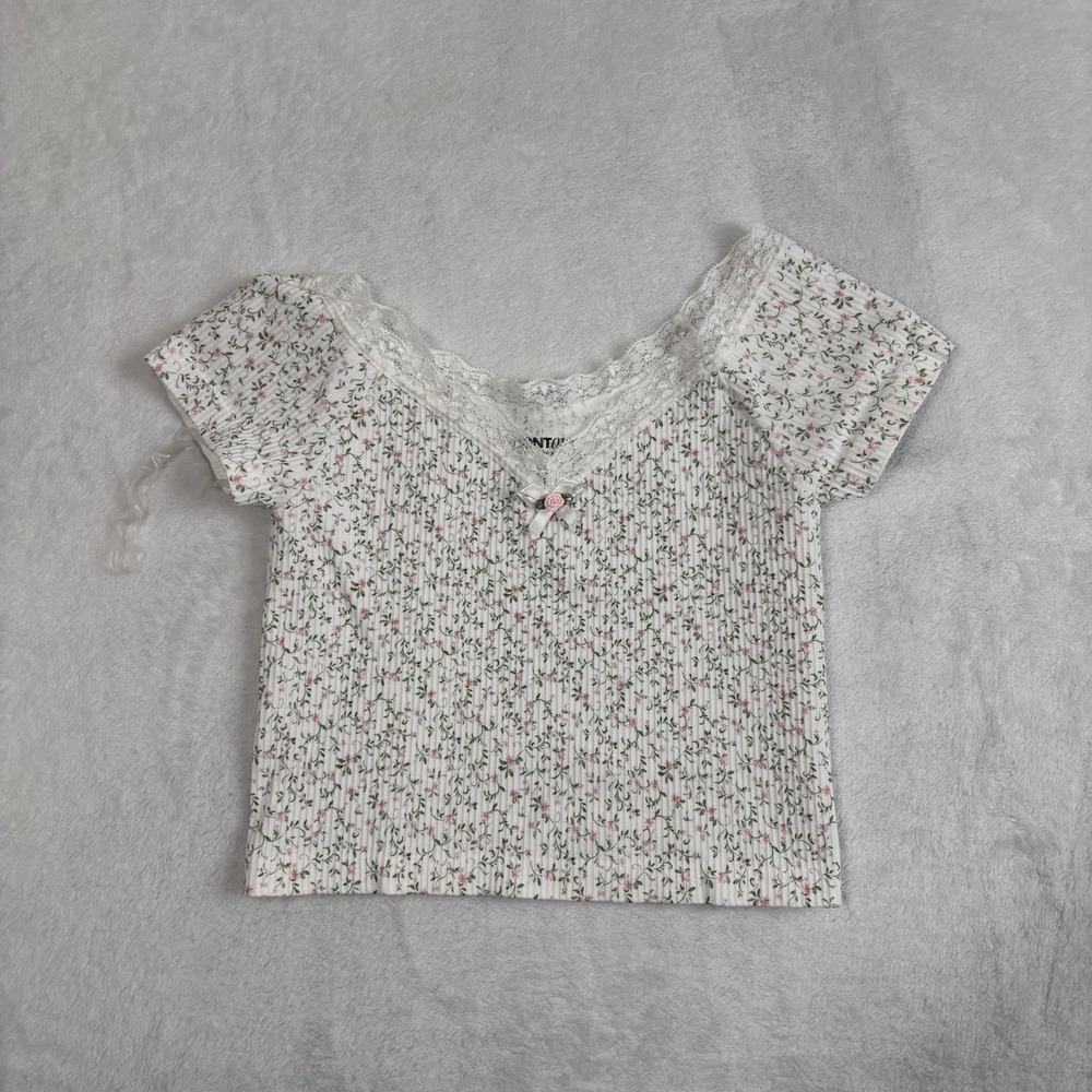 Y2K Contour Pacsun Floral Lace White Short‎ Sleeve Babydoll Top Women's XS